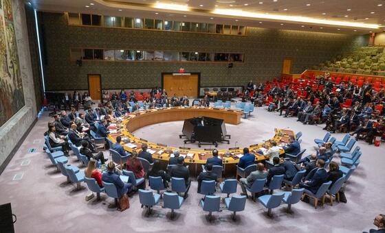 联合国安理会关于维护乌克兰和平与安全的会议全景图。